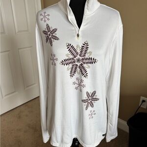 White Long Sleeve 1/4 zip Top with Snowflake Design. Size L